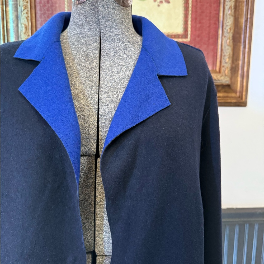 M&S Collection Two Toned Black & Blue Wool Blend Long Coat Sz 16 💛🍄 - Picture 2 of 10